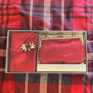 NWT! Red Satin Handbag, Sash Scarf, Brooch Holiday Set